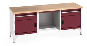 41002067.** Bott Cubio Storage Workbench 2000mm wide x 750mm Deep x 840mm high supplied with a Multiplex (layered beech ply) worktop, 2 x 150mm high drawers, 2 x 350mm high integral storage cupboards and 1 x open mid section with 1/2 depth base shelf....